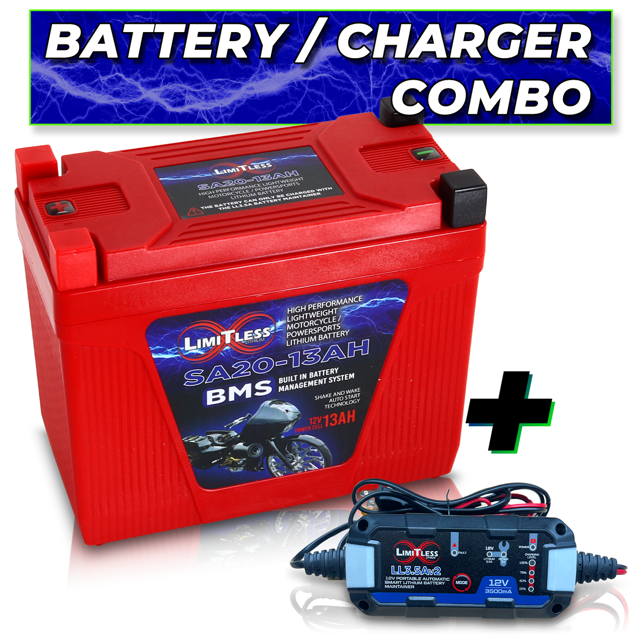 Limitless Lithium Shake Awake 13Ah 12V LiFePO4 Smart Motorcycle Battery (Case 20) + 3.5A Maintainer