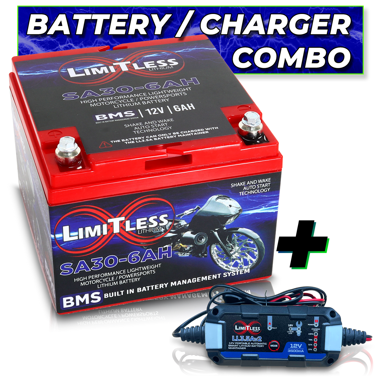 Limitless Lithium Shake Awake 6Ah 12V LiFePO4 Smart Motorcycle Battery (Case 30) + 3.5A Maintainer