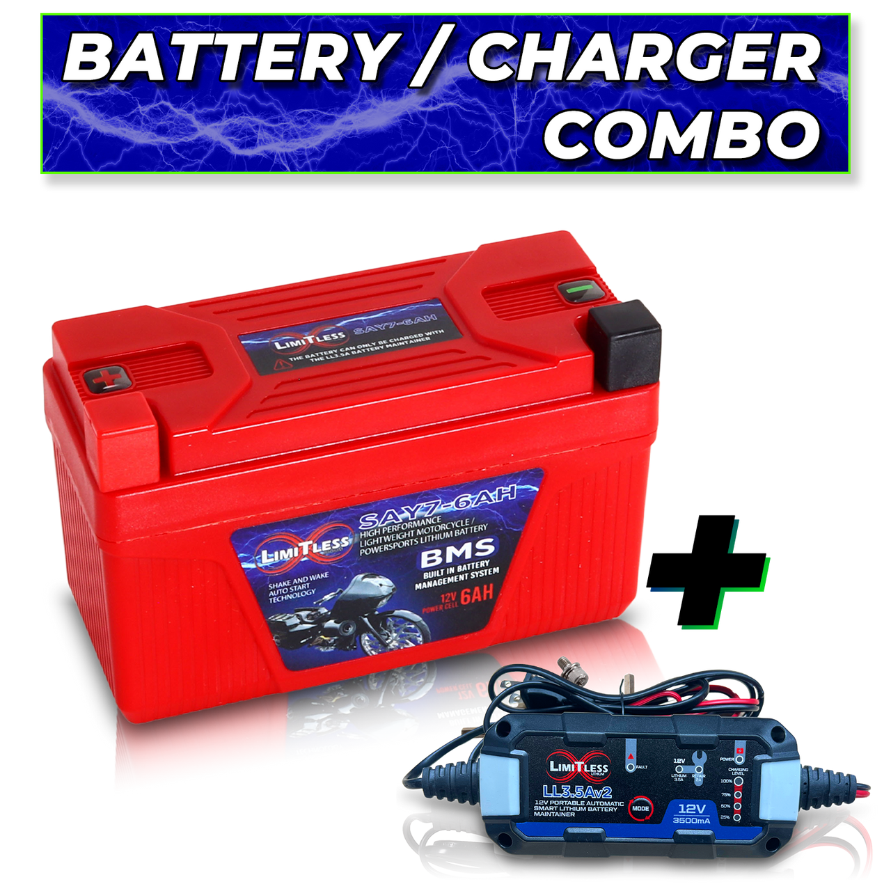 Limitless Lithium Shake Awake 6Ah 12V LiFePO4 Smart Motorcycle Battery (Case Y7) + 3.5A Maintainer