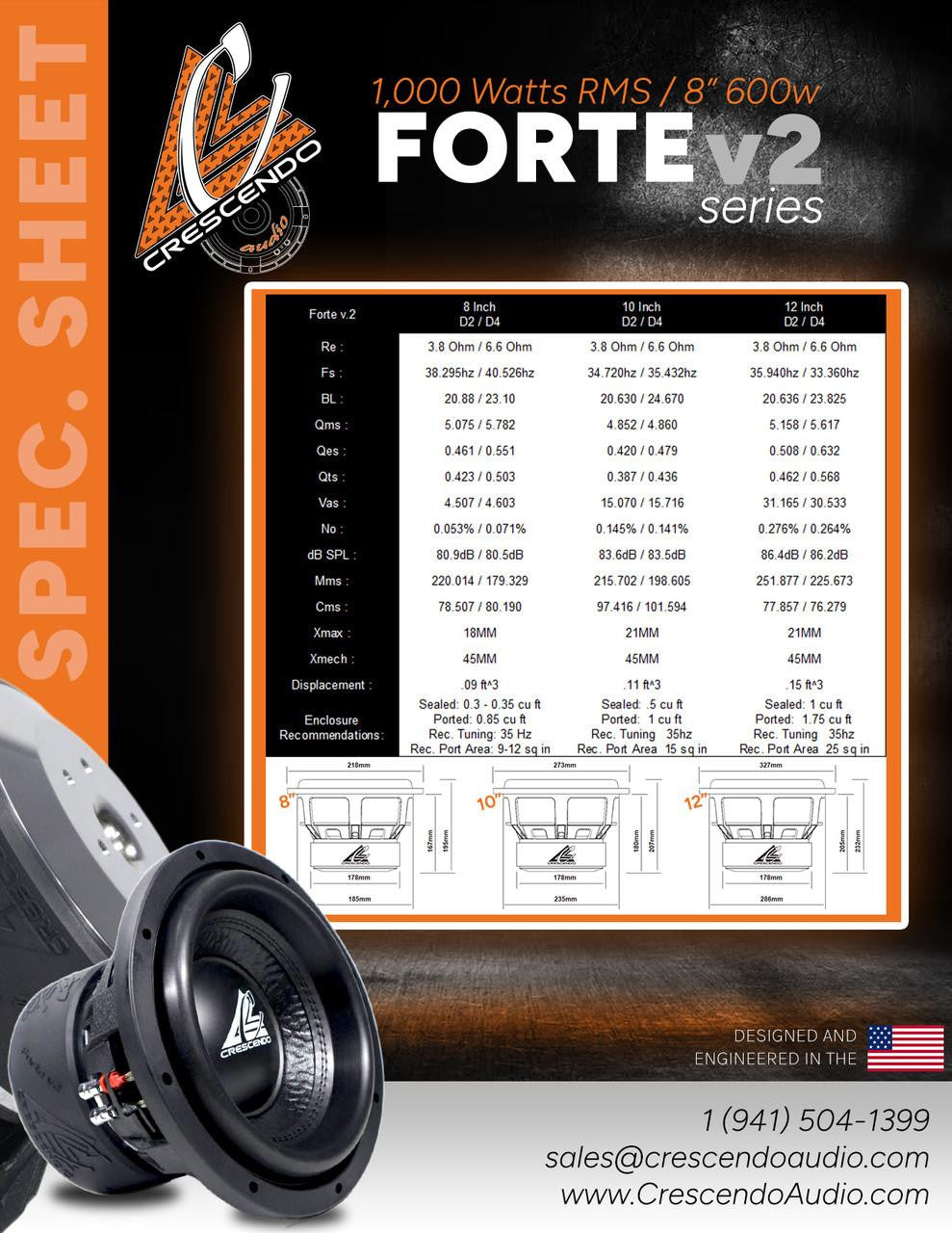 Crescendo Audio FORTE-V2 12" Subwoofer 1000W RMS