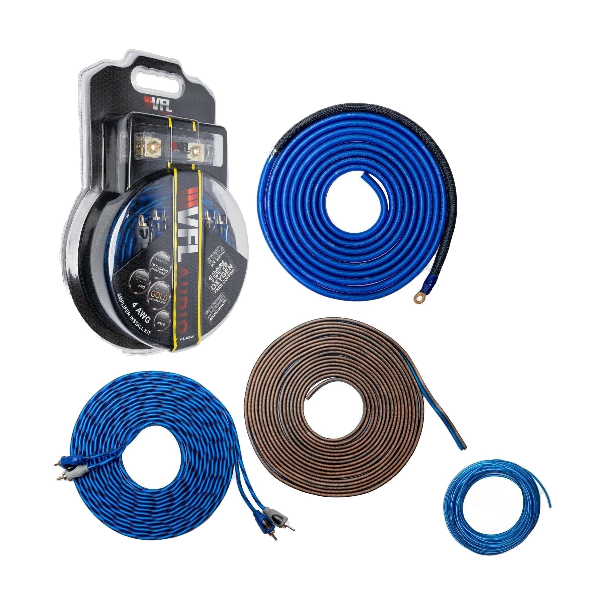 VFL 4 Gauge Complete OFC (Oxygen Free Copper) Amplifier Wiring Kit - High Power Car Audio Amp Install Kit with Power, Ground & RCA Cables